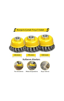Burgulu Çanak Fırça 65mm 75mm 100mm 3'lü Set Yüzey Pas Temizleme Boya Sökme Fırçası Burgulu Çanak Fırça 65mm 75mm 100mm 3'lü Set Yüzey Pas Temizleme Boya Sökme Fırçası