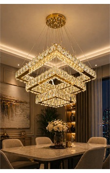 3 Katlı Kristal Kare Kumandalı 3 Renk Led Avize Altın