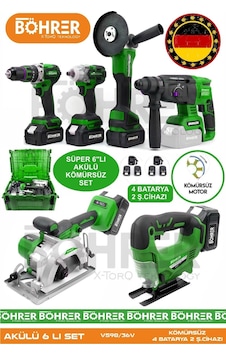 Böhrer Alman 4506Y 4 Akülü 2 Şarjlı Kömürsüz V598 5AH Profesyonel 6 Makine Kombo Set Böhrer Alman 4506Y 4 Akülü 2 Şarjlı Kömürsüz V598 5AH Profesyonel 6 Makine Kombo Set