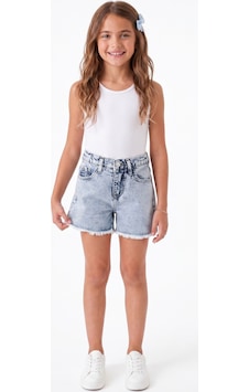 Onloox Kız Çocuk Açık Mavi Kız Çocuk Açık Mavi Pamuklu Denim Geniş Paça Regular Fit Paçası Püskül Detaylı Jean Şort 5-9 Yaş