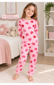 Beniizle Kız Çocuk Kalp Desenli Pijama Takımı Pembe Beniizle Kız Çocuk Kalp Desenli Pijama Takımı Pembe