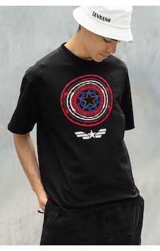Özel Tasarım Kaptan Amerika Kalkan Baskılı Unisex Oversize Marvel Siyah Özel Tasarım Kaptan Amerika Kalkan Baskılı Unisex Oversize Marvel Siyah