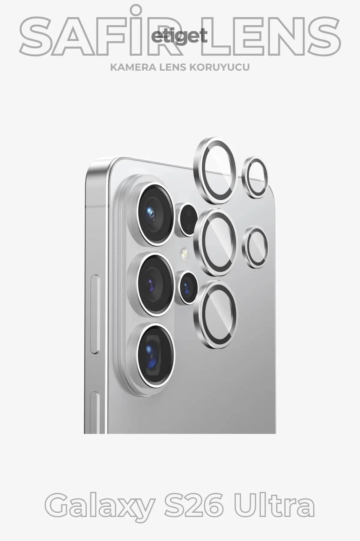 Samsung Galaxy Uyumlu S26 Ultra Kamera Lens Koruyucu Safir Cam Gümüş