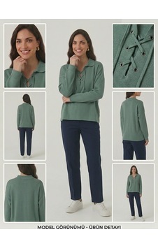 Guzelco Mint Yeşili Bağcıklı Polo Yaka Triko Kazak - Düşük Omuz Örme Bluz Açık Mint Yeşili Guzelco Mint Yeşili Bağcıklı Polo Yaka Triko Kazak - Düşük Omuz Örme Bluz Açık Mint Yeşili
