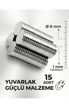 15 Adet 8x1 Neodyum Mıknatıs Yuvarlak D 8x1mm Çap Yuvarlak Şekilli Güçlü Malzeme 15 Adet 8x1 Neodyum Mıknatıs Yuvarlak D 8x1mm Çap Yuvarlak Şekilli Güçlü Malzeme