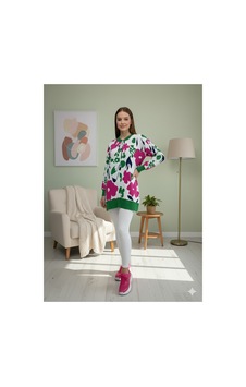 Polologin Butik Kadın Çiçek Desenli Jakarlı Uzun Ribanalı Tunik - Fuşya/yeşil Yeşil Polologin Butik Kadın Çiçek Desenli Jakarlı Uzun Ribanalı Tunik - Fuşya/yeşil Yeşil