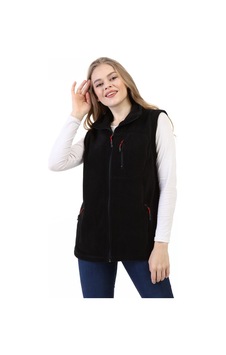 Genius Store Store Kadın Polar Yelek Tam Fermuarlı Outdoor Spor Yelek 3cepli Siyah