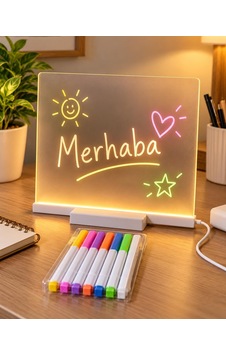 Arvale 20x20 Cm Led Işıklı Yazı Tahtası Usb Girişli, 7 Renk Kalemli, Silinebilir Masaüstü Not Panosu, Dekoratif Mesaj Ve Hatırlatma Tahtası Şeffaf