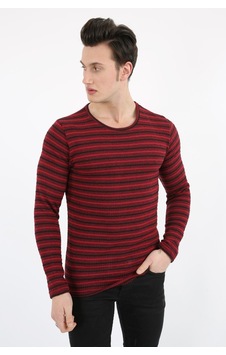Modish Çizgili Sıfır Yaka Erkek Günlük Sweatshirt Bordo