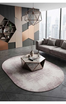Geometrik Abstract Desenli Prato İpeksi Lüks Viskon Oval Halı Pr05 Krem