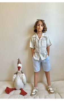 Miniğimin Cicileri Müslin Pamuklu Çizgili Gömlekli Şortlu Erkek Çocuk Takım - Mavi Miniğimin Cicileri Müslin Pamuklu Çizgili Gömlekli Şortlu Erkek Çocuk Takım - Mavi