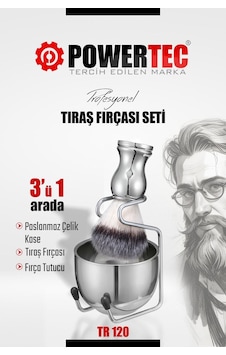 Powertec TR-120 Profesyonel Paslanmaz Çelik Tıraş Fırçası Seti 3'ü 1 Arada Krom