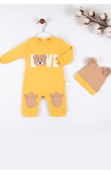 Baby Donat Love Bear Nakışlı % 100 Pamuk Erkek Bebek Tulumu Sarı