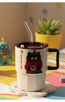 Pipetli Kapaklı Kedi Figürlü Seramik Kupa - 400ml I Love You Cat Tasarım Bardak Çok Renkli Pipetli Kapaklı Kedi Figürlü Seramik Kupa - 400ml I Love You Cat Tasarım Bardak Çok Renkli
