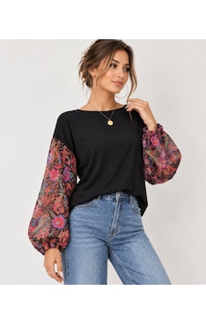 Butik İstanbul Çiçek Desenli Şifon Kollu Siyah Triko Butik İstanbul Çiçek Desenli Şifon Kollu Siyah Triko