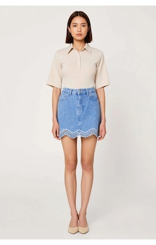 Benerly Kadın Mini Denim Etek Brode İşlemeli Detaylı Scallop Kesim %100 P Mavi