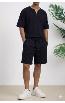 Erkek Oversize Şort Takım V Yaka Yırtmaçlı Tişört Rahat Kesim Yazlık Takım Siyah Siyah Erkek Oversize Şort Takım V Yaka Yırtmaçlı Tişört Rahat Kesim Yazlık Takım Siyah Siyah