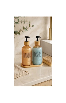 Bambu Stantlı Antrasit 2'li Cam Sıvı Sabunluk Seti 350ml Bej Bej Bambu Stantlı Antrasit 2'li Cam Sıvı Sabunluk Seti 350ml Bej Bej