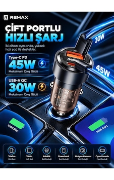 Remax Rcc360 75w Pd 45w Type-c Ve Qc 30w Usb-a Şeffaf Araç Şarj Cihazı Remax Rcc360 75w Pd 45w Type-c Ve Qc 30w Usb-a Şeffaf Araç Şarj Cihazı