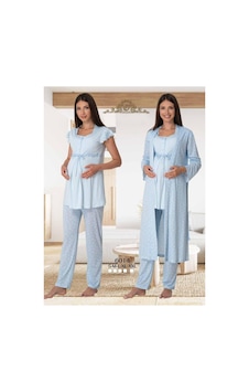 Ct Moda Effort Kadın Mavi Desenli Düğmeli Sabahlıklı 3'lü Set Lohusa Hamile Pijama Takımı Mavi Ct Moda Effort Kadın Mavi Desenli Düğmeli Sabahlıklı 3'lü Set Lohusa Hamile Pijama Takımı Mavi
