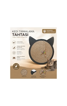Kedi Kulaklı Yuvarlak Jüt İpli Kedi Tırmalama Tahtası Boncuklu Oyuncaklı