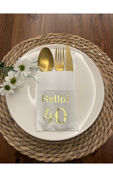 Gold Yaldızlı Beyaz Cepli Hello Kırk Yaş Peçete 12 Adet 40x40 Gold Yaldızlı Beyaz Cepli Hello Kırk Yaş Peçete 12 Adet 40x40