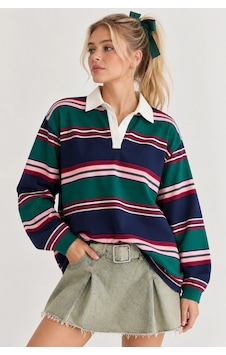Mevese Oversize Polo Yaka Çizgili Kadın Sweatshirt - Lacivert-yeşil Lacivert - Yeşil Mevese Oversize Polo Yaka Çizgili Kadın Sweatshirt - Lacivert-yeşil Lacivert - Yeşil