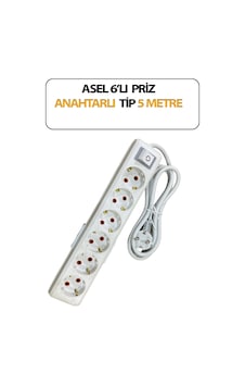 Altılı, Anahtarlı Model, Topraklı, Klemensli, Kablo 5 Metre Uzunluğunda, Askı Aparatlı Grup Priz 5