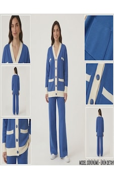 Guzelco Mavi Kontrast Biyeli Triko İkili Takım - Düğmeli Hırka Ve Bol Paça Pantolon Set Saks Mavi