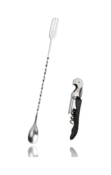 Burgulu Çatallı Bar Kaşığı 33 Cm Kokteyl Karıştırma Kaşığı & Çok Fonksiyonlu Açacak Tirbuşon Gümüş