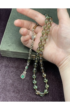 Alpaka Lale Uçlu Arpa Kesim Zar Renginde Ateş Kehribar Tesbih 7x11 Mm Yeşil