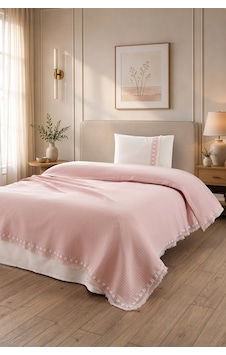 Tek Kişilik Kopanaki Dantelli & Püsküllü Pike Takımı 3 Parça - %100 Pamuk - 160x230 Cm - Somon Tek Kişilik Kopanaki Dantelli & Püsküllü Pike Takımı 3 Parça - %100 Pamuk - 160x230 Cm - Somon