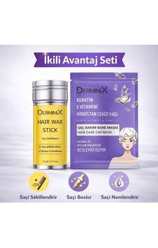 İkili Saç Bakım Seti Hair Wax Stick Saç Şekillendirici + Keratin, E Vitamini & Hindistan Cevizi Yağlı Bone Maske Bes