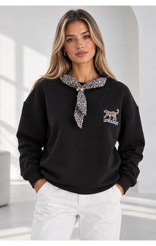 Mevese Bisiklet Yaka Nakışlı Kadın Sweatshirt - Üç İplik Şardonlu Oversize Şık Tasarım - Siyah Mevese Bisiklet Yaka Nakışlı Kadın Sweatshirt - Üç İplik Şardonlu Oversize Şık Tasarım - Siyah