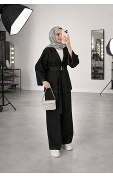 Unika Boutique Kadın Kot Kemer Detaylı Pantolon Bluz Takım Siyah Unika Boutique Kadın Kot Kemer Detaylı Pantolon Bluz Takım Siyah