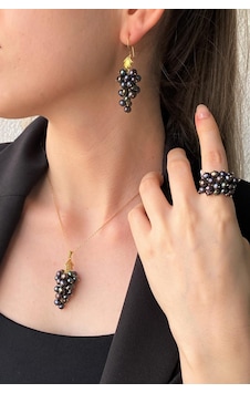 Kadın Üzüm Salkımı Doğal İnci Küpe Kolye Yüzük Üçlü Set 20 / Sarı Gümüş Kadın Üzüm Salkımı Doğal İnci Küpe Kolye Yüzük Üçlü Set 20 / Sarı Gümüş