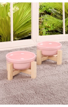 Ahşap Standlı Seramik Dekoratif 2 Adet Kedi Köpek Mama Ve Su Kabı Ahşap Standlı Seramik Dekoratif 2 Adet Kedi Köpek Mama Ve Su Kabı