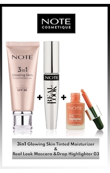 Note Cosmetics 3 in 1 Glowing Skin + Drop Highlighter 03 + Real Look Maskara Note Cosmetics 3 in 1 Glowing Skin + Drop Highlighter 03 + Real Look Maskara