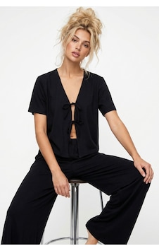 Siyah İnci Bağlamalı Örme Pijama Takım7889 Siyah Siyah İnci Bağlamalı Örme Pijama Takım7889 Siyah