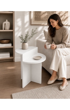 Ganihome Luna Oval Hatlı Yan Sehpa Ahşap