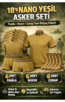 Qulat 18 Li Nano Yeşil Bedelli Asker Seti 6 Fanila 6 Boxer 6 Çorap Tam İhtiyaç Paketi Haki Qulat 18 Li Nano Yeşil Bedelli Asker Seti 6 Fanila 6 Boxer 6 Çorap Tam İhtiyaç Paketi Haki