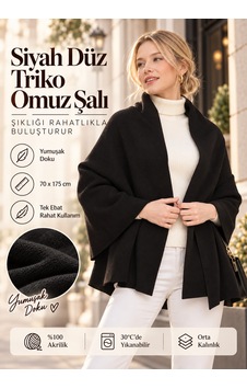 Comerciante Siyah Düz Triko Kadın Omuz Şalı Yumuşak Dokulu Kışlık Şal 70x175 Cm %100 Akrilik Siyah - 930337046 Siyah