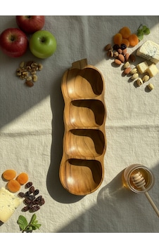 4 Bölmeli Bambu Sunum Tepsisi - Özel Desen Tasarım Ahşap Çerezlik 28 Cm