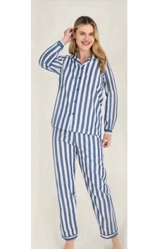 Freshness 4007 Kadın Uzun Kol Çizgili Gaffuriye Pijama Takımı Mavi