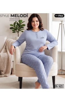 Melodi 17162 Uzun Kol %100 Pamuk Battal Büyük Beden Kadın Pijama Takımı Mavi Melodi 17162 Uzun Kol %100 Pamuk Battal Büyük Beden Kadın Pijama Takımı Mavi