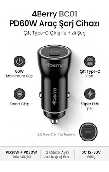 Bc01 Pd60w Dual Port Type-c Araç Şarj Cihazı 60w Max Süper Hızlı Şarj Adaptörü
