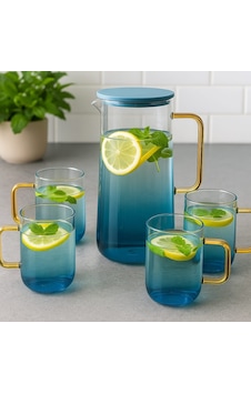 Borosilikat Cam Gold Saplı Sürahi 1300 Ml 4 Bardaklı Mavi Borosilikat Cam Gold Saplı Sürahi 1300 Ml 4 Bardaklı Mavi