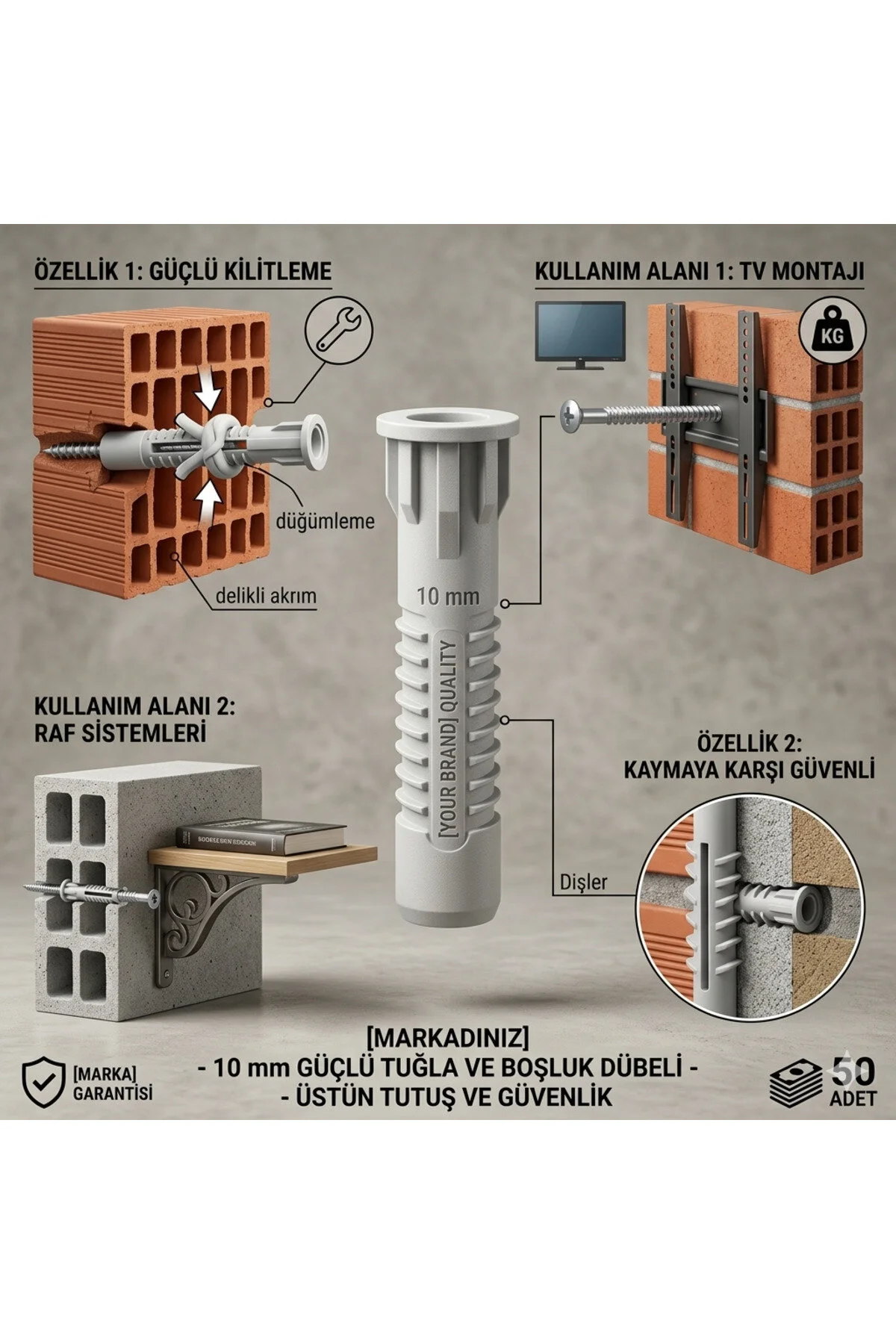 Made 10 Mm Tuğla Boşluk Dübeli - Yüksek Tutuşlu Plastik Dübel 50 Adet