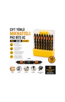 10 Adet Çift Yönlü Mıknatıslı Ph2 Bits Uç 65 Mm Profesyonel Tornavida Ve Matkap Ucu Seti