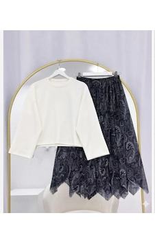 Lovie Moda Basic Bluz Asimetrik Kesim Astarlı Şifon Etekli Takım Beyaz-siyah Lovie Moda Basic Bluz Asimetrik Kesim Astarlı Şifon Etekli Takım Beyaz-siyah
